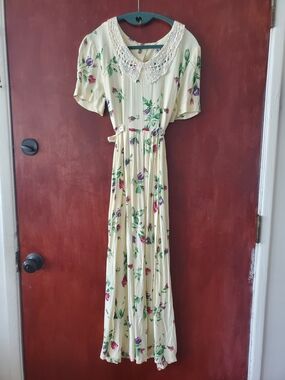 S.L. Fashions Cream Floral Maxi Dress with Lace Collar